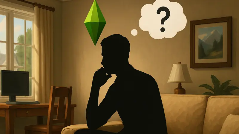 Изображение сима из The Sims 4, возможно, пытающегося самостоятельно принять решение.