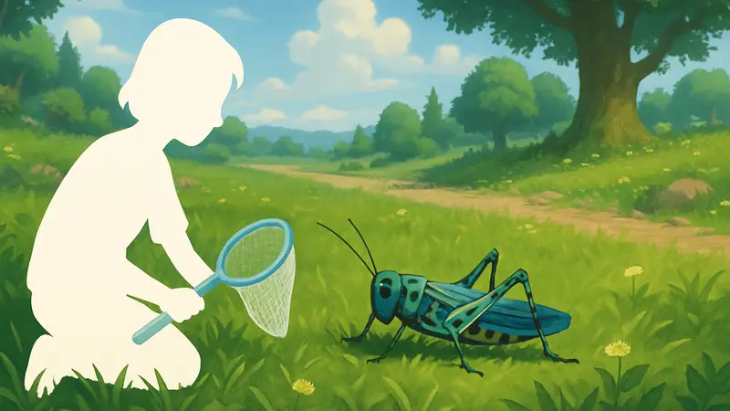 Игровой скриншот Heartopia с Сибирским кузнечиком на траве