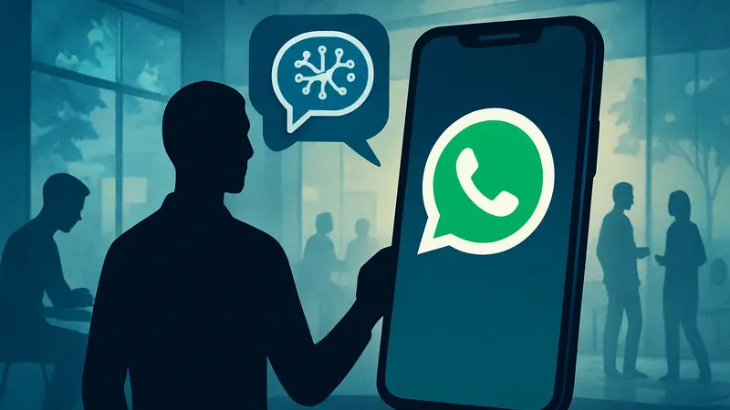 Логотип WhatsApp на экране смартфона, символизирующий ИИ-ответы и новые возможности.