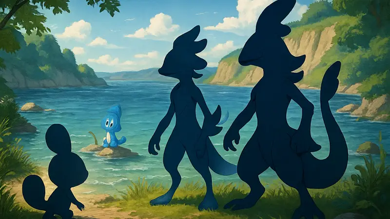 Фанарт эволюций Gecqua, водного стартового покемона Pokemon Winds and Waves 10 поколения.