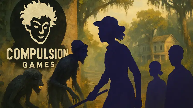 Логотип студии Compulsion Games и персонажи игры South of Midnight на фоне сообщения об увольнениях.