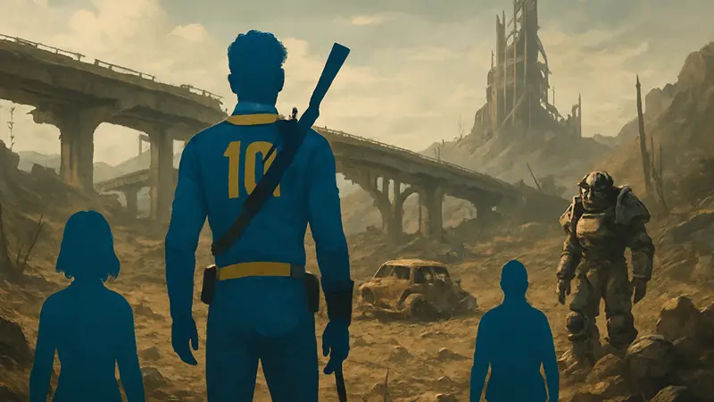 Кадр из сериала Fallout 2 сезон, персонажи в Пустоши, костюм Убежища