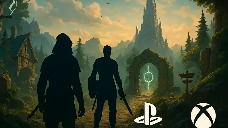 Кадр из игры Avowed, демонстрирующий графику и элементы RPG, с логотипами PlayStation 5 и Xbox