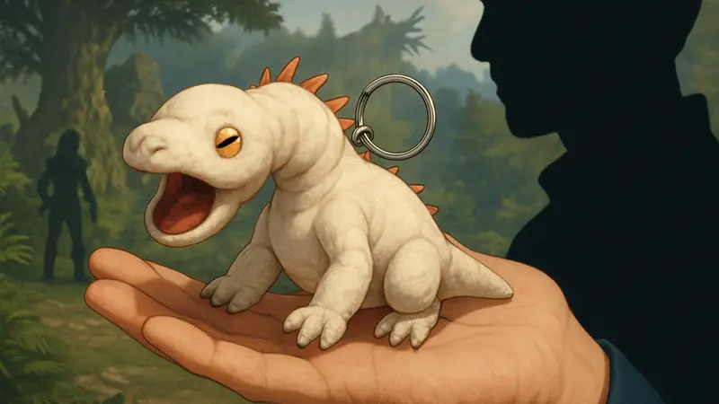 Плюшевый брелок в виде монстра Хезу из Monster Hunter с отверстием для ключей, лежащий на ладони.