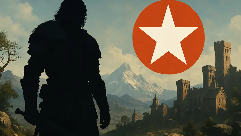 Игровой персонаж из Crimson Desert в фэнтезийном мире, на фоне логотипа Fanatical Mystery Star Bundle.