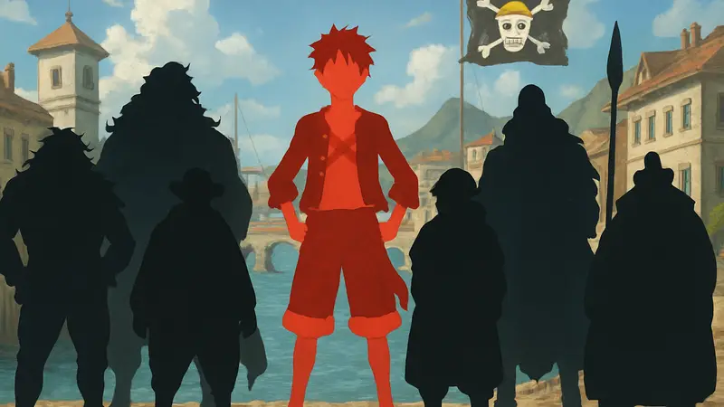 Изображение персонажей из One Piece, которые могут достичь уровня Джойбоя, в центре Луффи.