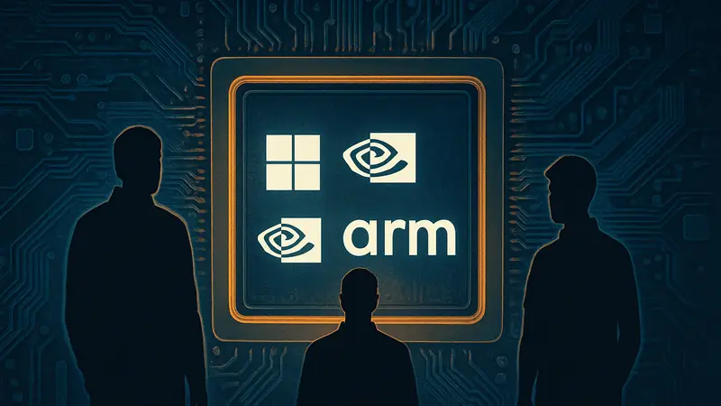 Логотипы Microsoft, Nvidia и Arm на фоне микросхемы или материнской платы компьютера