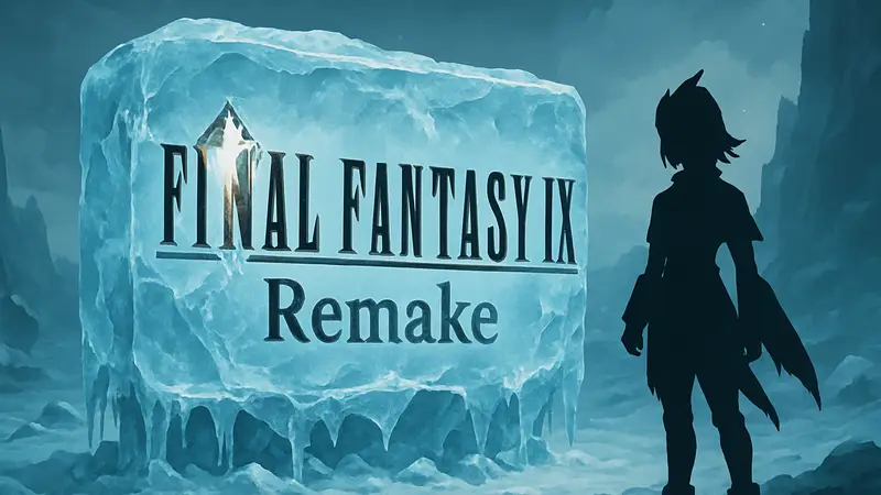 Логотип Final Fantasy 9 с надписью «Remake» и символическим льдом, показывающим заморозку проекта.