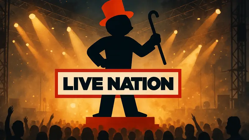 Логотип Live Nation на фоне концертной площадки, символ монополии