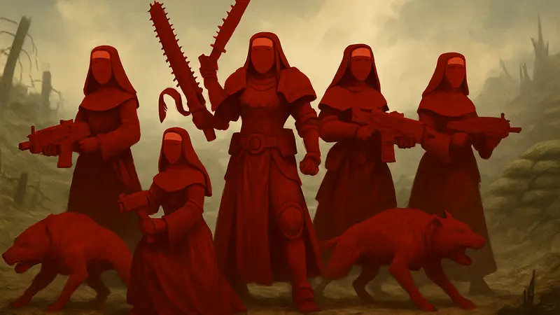 Изображение набора миниатюр The Trench Sisterhood, включая монахинь и боевых псов.