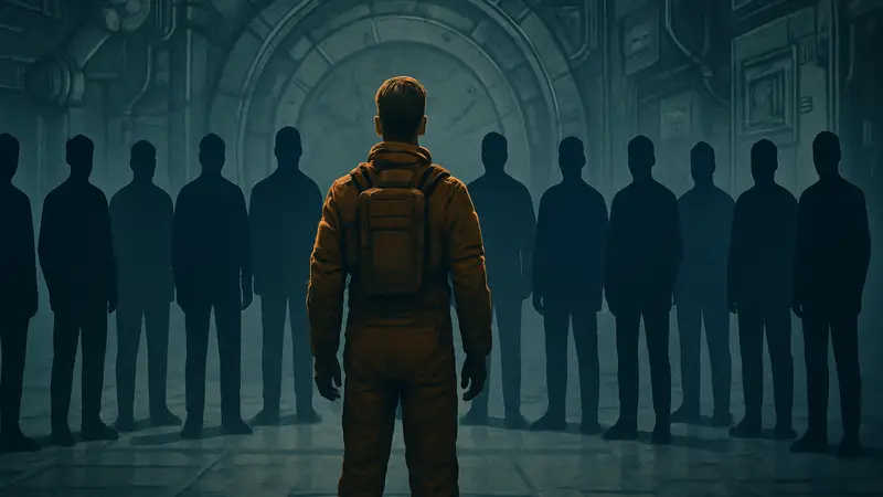 Главный герой Ян из игры The Alters: Last Variable, стоящий перед множеством своих клонов, символизирующих выбор.