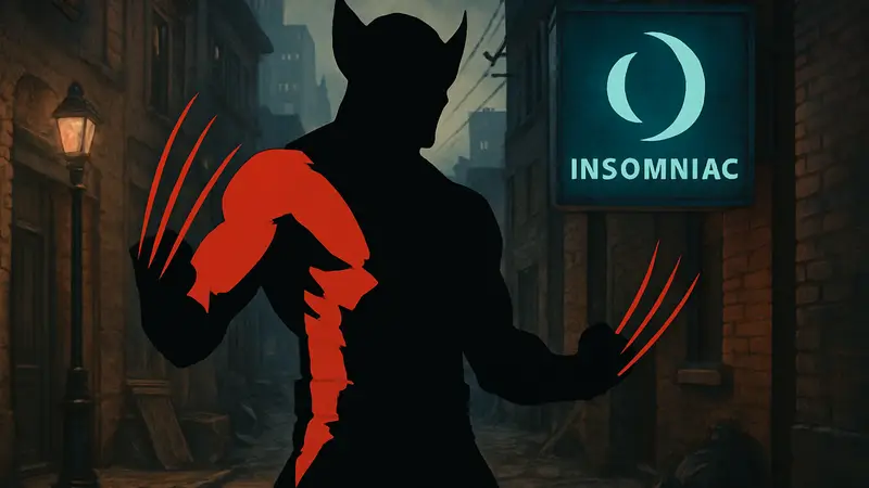 Росомаха из игры Marvel’s Wolverine демонстрирует свои когти и логотип Insomniac Games.