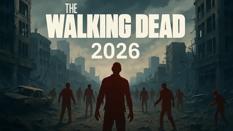 Логотип The Walking Dead на фоне зомби-апокалипсиса, дата релиза