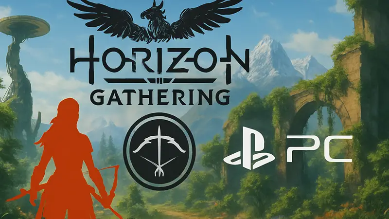 Логотип Horizon Hunters Gathering с элементами из вселенной Horizon, на фоне значков PS5 и ПК.