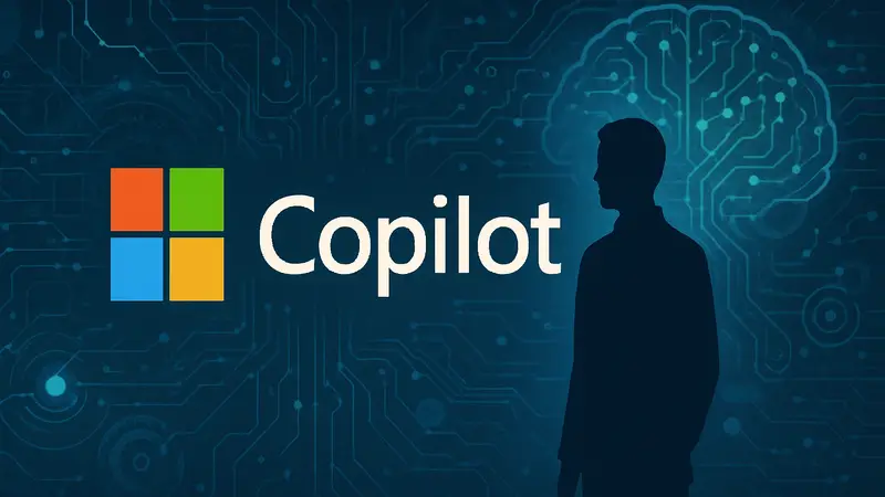Логотип Microsoft Copilot на фоне абстрактных элементов искусственного интеллекта