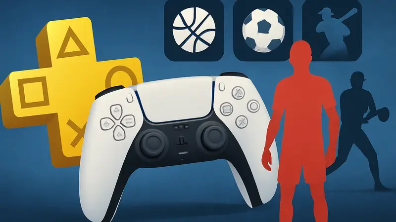 PlayStation Plus и спортивные игры: логотип PS Plus, контроллер DualSense, иконки спортивных игр