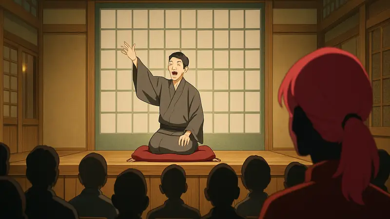 Кёджи выступает с ракуго в аниме Akane-banashi, вдохновляя Акане.