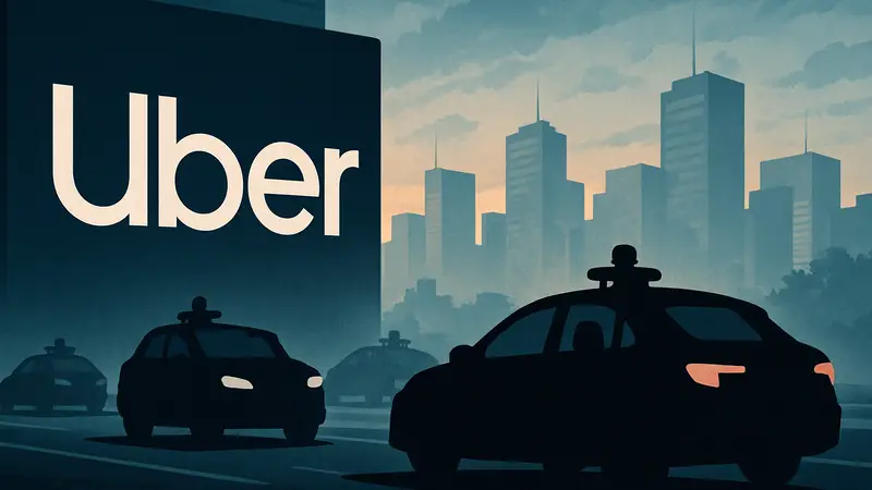 Логотип Uber на фоне силуэтов автономных автомобилей, символизирующих развитие технологий