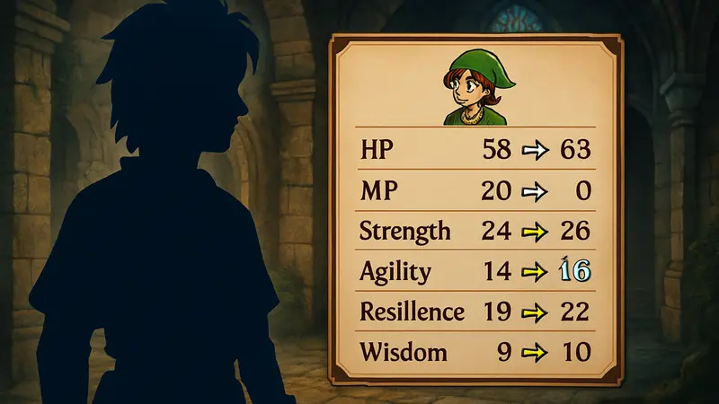 Интерфейс Dragon Quest 7 Reimagined с окном характеристик персонажа, демонстрирующим процесс их улучшения.
