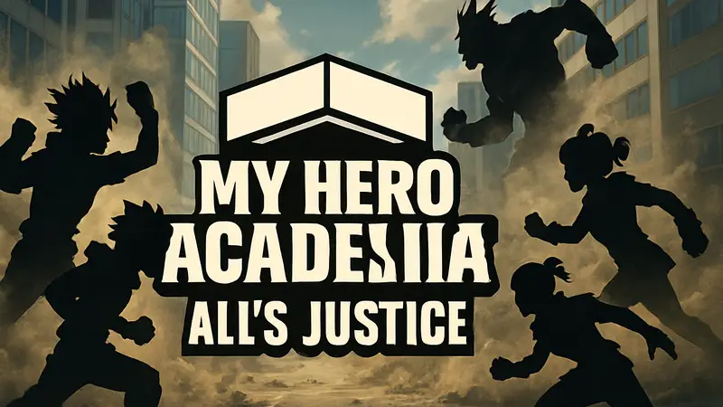Логотип My Hero Academia: All’s Justice на фоне персонажей аниме, участвующих в битве.