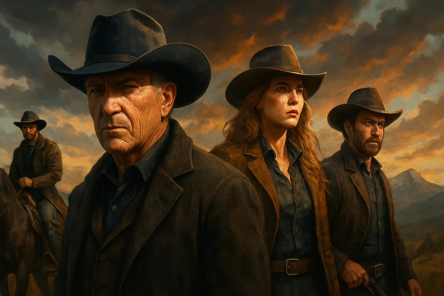 Кадр из вестерн-сериала Тейлора Шеридана с главными героями на фоне драматического пейзажа.