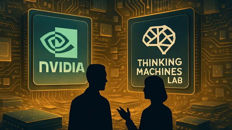 Логотипы Nvidia и Thinking Machines Lab на фоне чипов ИИ, символизирующие сотрудничество.