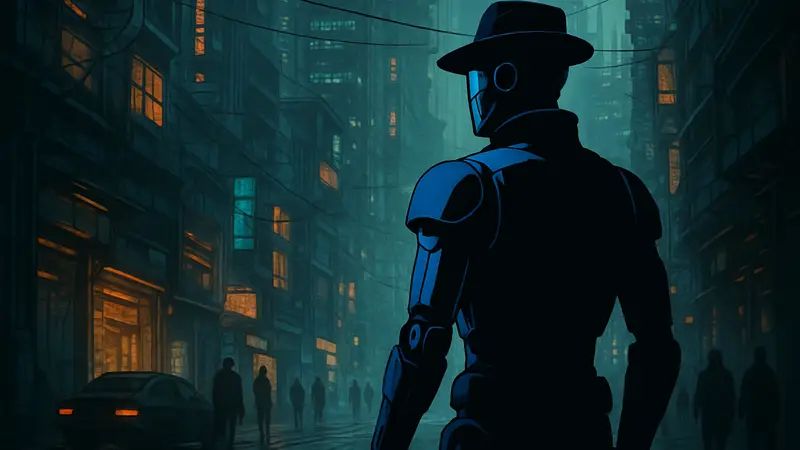 Изображение кибернетического детектива AD 2846 из игры Artificial Detective в дистопическом городе.