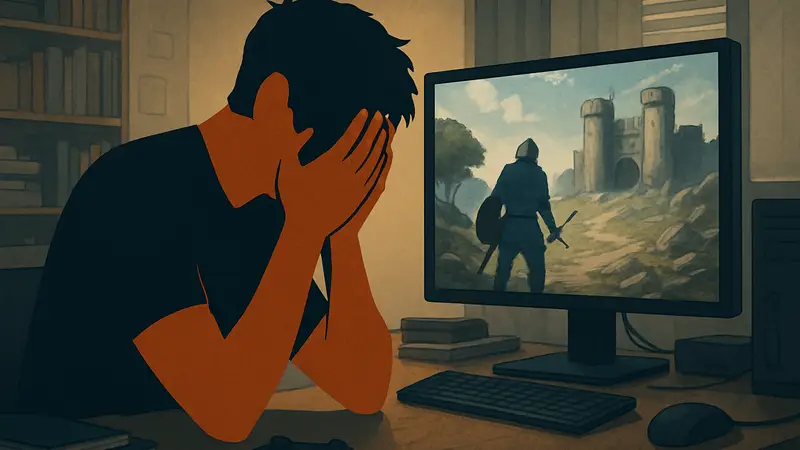 Растроганный разработчик игры, сидящий перед компьютером, с эмоциями после внезапного успеха.