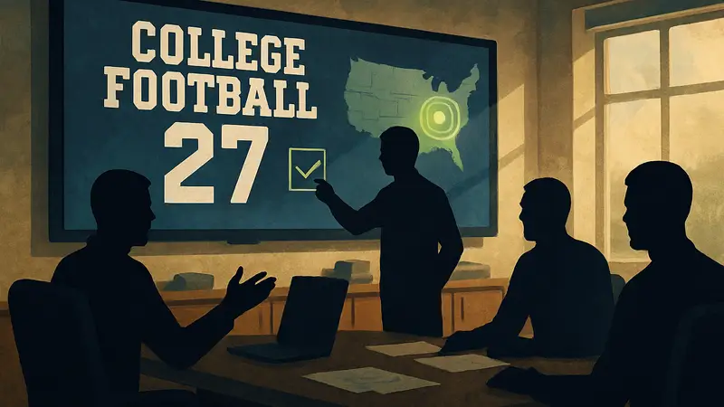 Игровой скриншот College Football 27, демонстрирующий процесс вербовки игроков или командную стратегию.