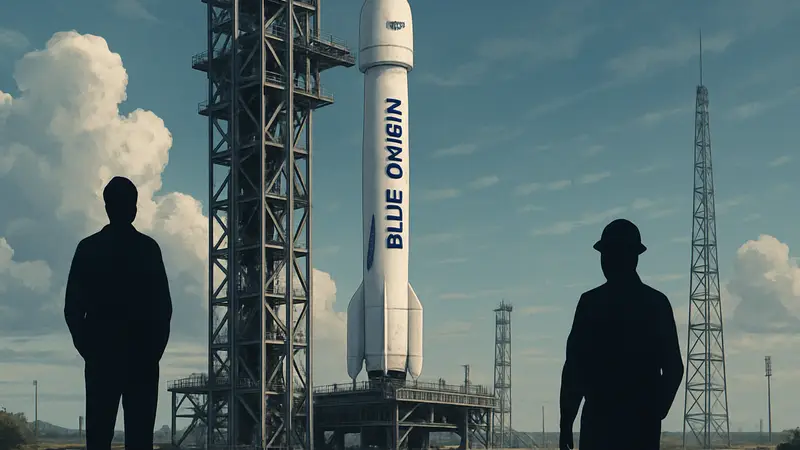 Ракета Blue Origin New Glenn на стартовой площадке перед предполагаемым взрывом, иллюстрация космического аппарата.