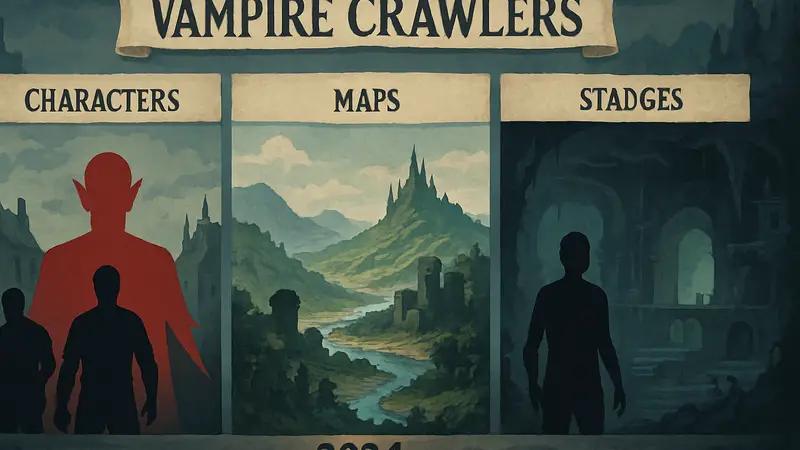 Изображение с дорожной карты Vampire Crawlers 2026, новые персонажи, карты и стадии игры.