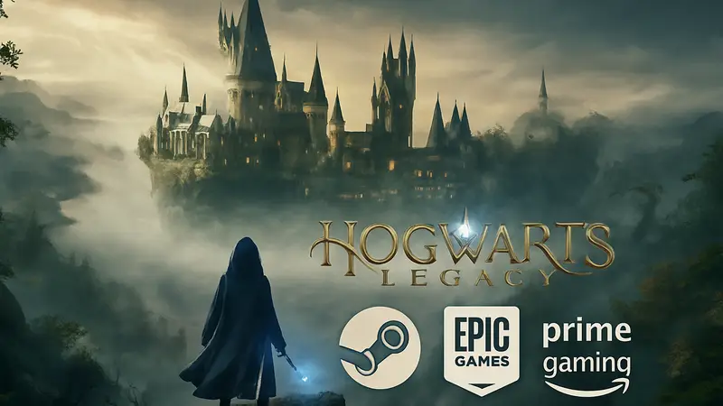 Обложка игры Hogwarts Legacy с надписью "Бесплатные игры мая 2026" и логотипами Steam, Epic Games Store, Prime Gaming.