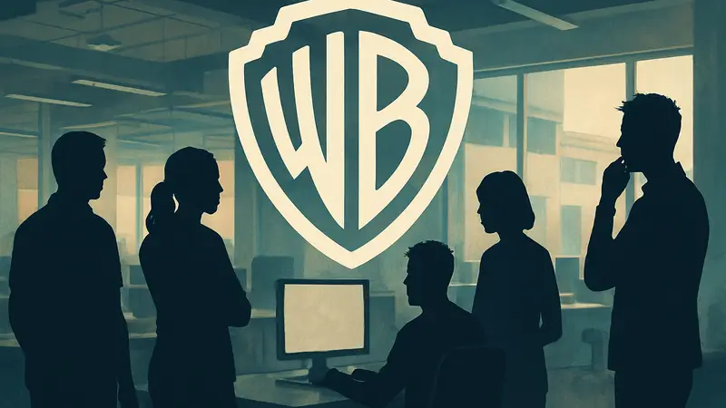 Логотип Warner Bros. Montréal на фоне силуэтов разработчиков игр