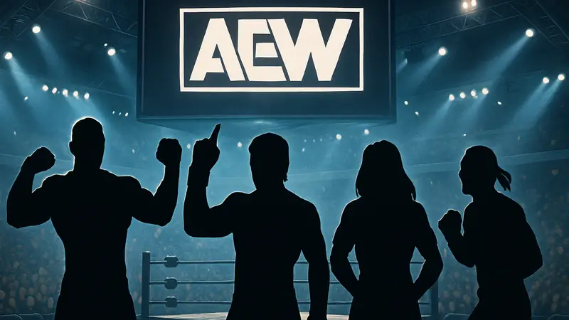 Логотип All Elite Wrestling и персонажи видеоигр AEW на фоне арены