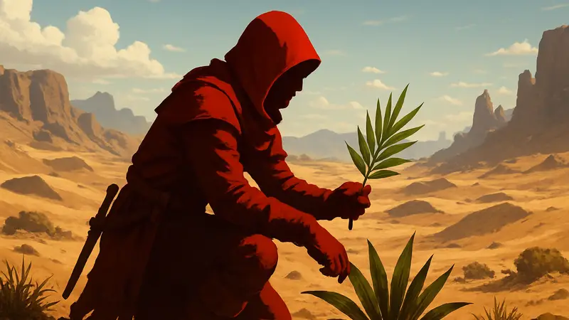 Персонаж Crimson Desert собирает лист Пальмара на фоне пустыни