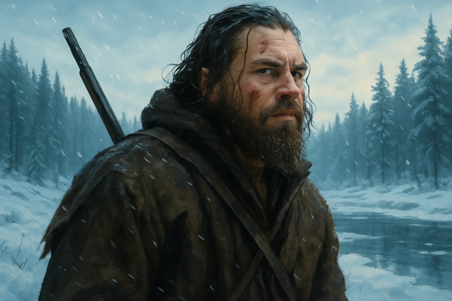 Том Харди в роли Хью Гласса из фильма «Выживший» на фоне зимнего пейзажа.