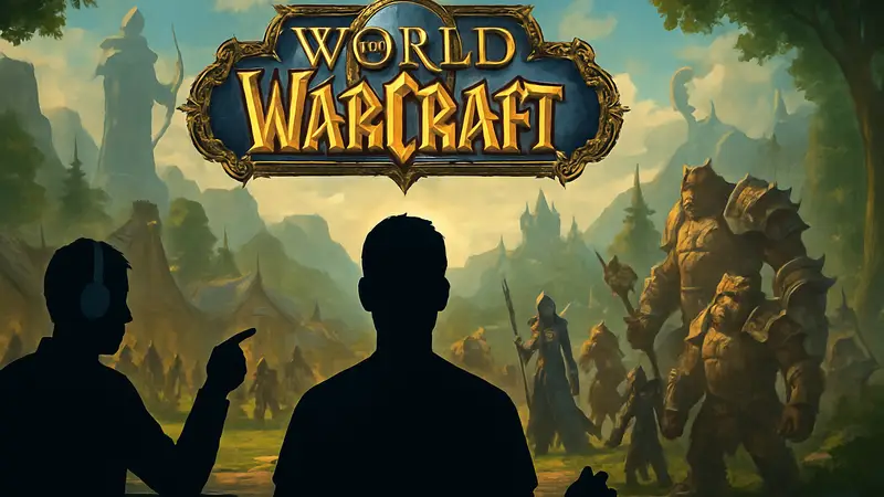 Логотип World of Warcraft, геймеры в WoW, персонажи из фэнтези мира Азерота.