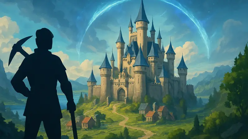 Фэнтези-замок, построенный в игре, на фоне магического пейзажа.