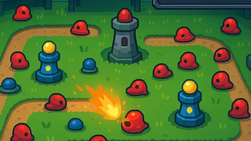Скриншот игрового процесса Tower Lab, демонстрирующий защиту башен и элементы roguelite