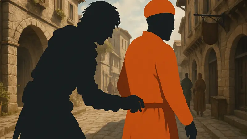 Персонаж Crimson Desert пытается совершить карманную кражу у NPC в городе.