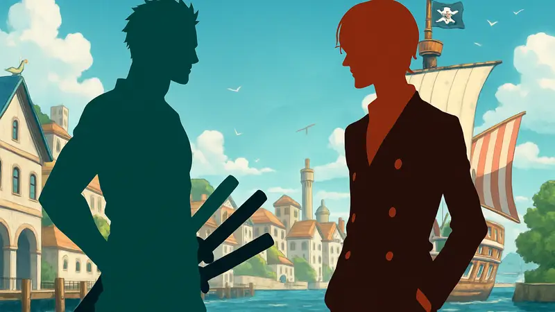 Изображение Ророноа Зоро и Санджи из аниме One Piece, возможно, в моменте их соперничества.