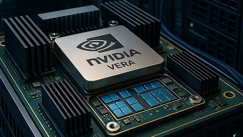 Процессор Nvidia Vera с видимыми микросхемами и охлаждающими элементами, в серверной стойке.