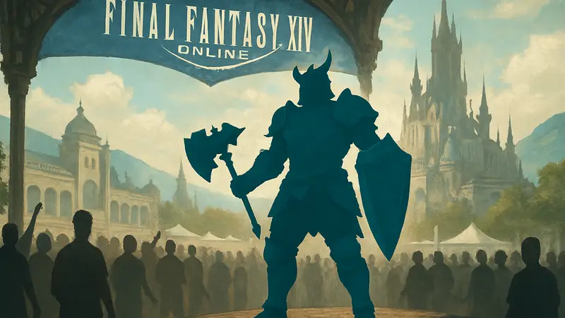 Изображение Бастиона, нового танкового класса из FFXIV Evercold, на фоне Фан Феста.