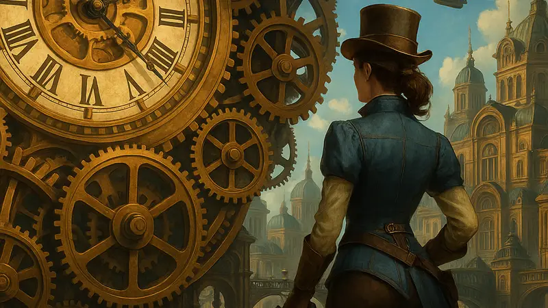 Концепт-арт или скриншот из игры Clockwork Revolution с элементами стимпанка и часового механизма.