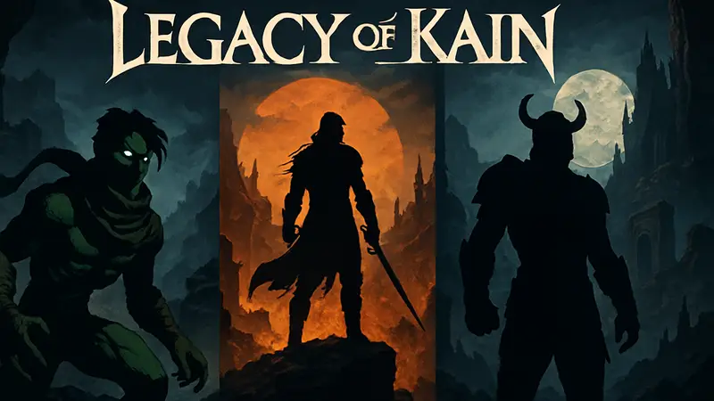 Логотип Legacy of Kain, обложки Soul Reaver и новой игры в тёмных тонах фэнтези.