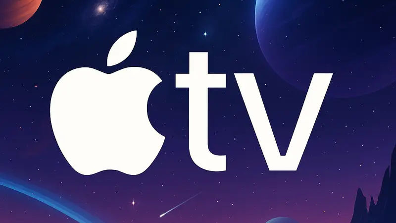Схематичное изображение логотипа Apple TV на фоне космического пейзажа, символизирующего научно-фантастические сериалы.