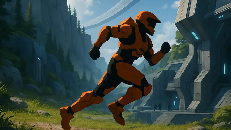 Изображение Мастера Чифа в шлеме, бегущего по уровню Halo: Campaign Evolved, демонстрируя механику спринта.