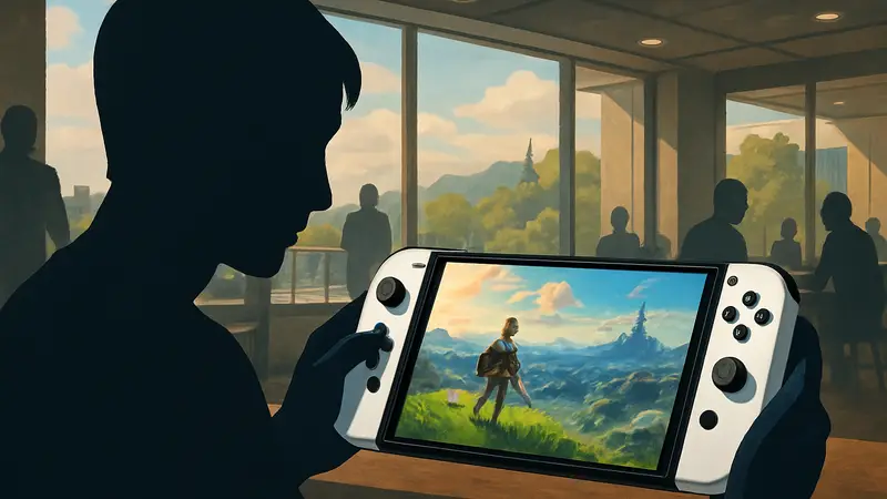 Игровая консоль Nintendo Switch OLED в портативном режиме, показывающая экран с игрой.