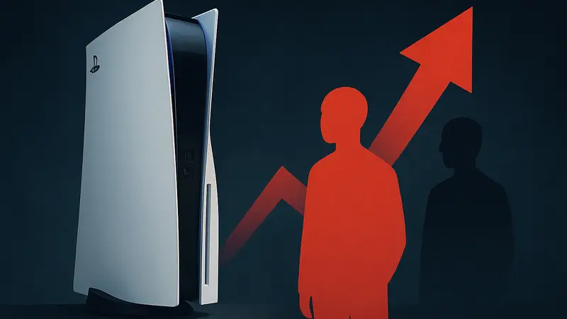 Игровая консоль PlayStation 5 на тёмном фоне, символ повышения цен на PS5.