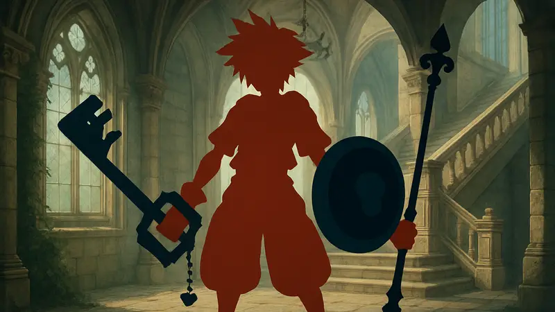 Сора с мечом, щитом и посохом из игры Kingdom Hearts 2. Выбор стартового оружия в JRPG.